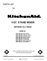 Preview for 1 page of KitchenAid KSM150PSAC - Artisan Series Mixer Parts List