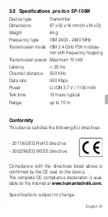 Предварительный просмотр 19 страницы AUDIOropa pro:ton SP-100M User Manual