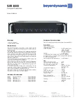 Beyerdynamic Compact Transmitter SIR 800 Specification Sheet preview