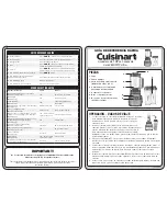 Preview for 2 page of Cuisinart Velocity Ultra 1 HP Quick Reference Manual