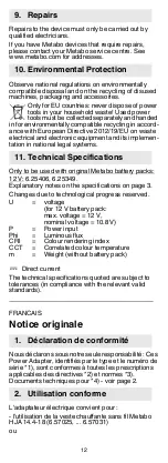 Preview for 12 page of Metabo PA 14.4-18 LED-USB Operating Instructions Manual