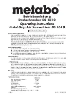 Metabo Pistol Grip Air Screwdriver DS 1610 Operating Instructions Manual preview