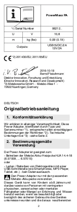 Preview for 2 page of Metabo PowerMaxx PA Operating Instructions Manual