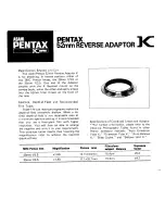 Предварительный просмотр 1 страницы Pentax 52mm Reverse Adapter K Series Specifications