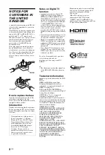 Предварительный просмотр 2 страницы Sony BRAVIA 4-151-686-13(1) Operating Instructions Manual