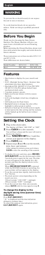 Preview for 2 page of Sony Dream Machine ICF-C113 User Manual