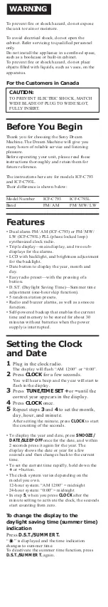 Preview for 2 page of Sony DREAM MACHINE ICF-C793 User Manual