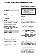 Preview for 2 page of Sony Handycam HDR-UX10E Operating Manual