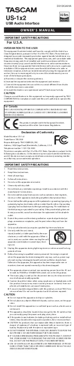 Предварительный просмотр 1 страницы Tascam US-1x2 User Manual