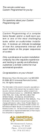 Preview for 2 page of Universal Remote Control Aeros MX-850 Manual